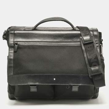 Pre Owned Montblanc Black Leather and Nylon Single Gusset Nightflight Briefcase