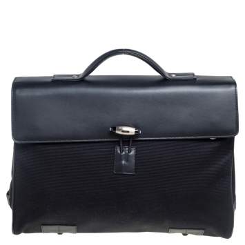 Pre Owned Montblanc Black Fabric And Leather Double Gusset Nightflight Briefcase
