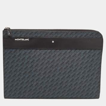 Pre Owned Montblanc Black/Blue Coated Canvas and Leather Zip Portfolio