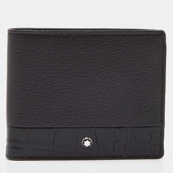 Pre Owned Montblanc Black Crocodile Embossed Leather and Leather Bifold Wallet 