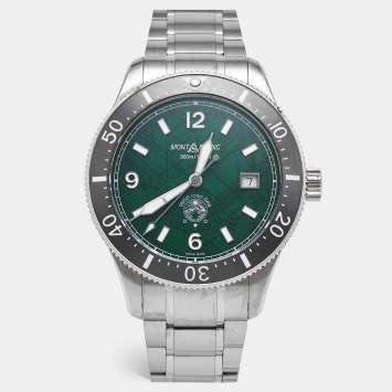 Pre Owned Montblanc 1858 Iced Sea 130810 Green Dial Ceramic Stainless Steel Men's Wristwatch 41 mm