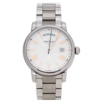 Pre Owned Montblanc Silver White Guilloche Stainless Steel Day-Date 4810 Men's Wristwatch 40 mm