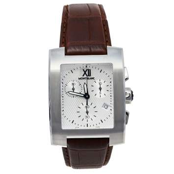 Pre Owned Montblanc Silver Stainless Steel Leather Profile XL 101560 Men's Wristwatch 33 mm