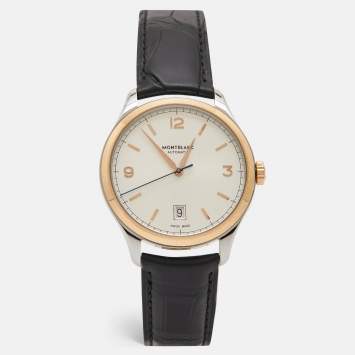 Pre Owned Montblanc Silver 18k Rose Gold Stainless Steel Alligator Heritage 112521 Men's Wristwatch 38 mm