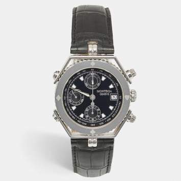 Pre Owned ساعة يد رجالية مونتيجا MC03 بقرص أسود من الستانلس ستيل جلد التمساح 38 مم