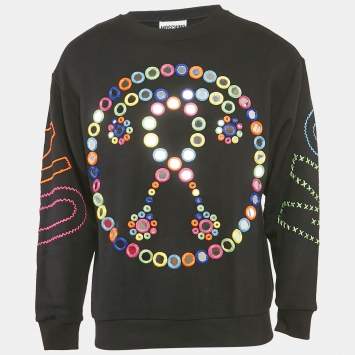 Pre Owned Moschino Couture Black Mirror Embroidered Cotton Crew Neck Sweatshirt XS