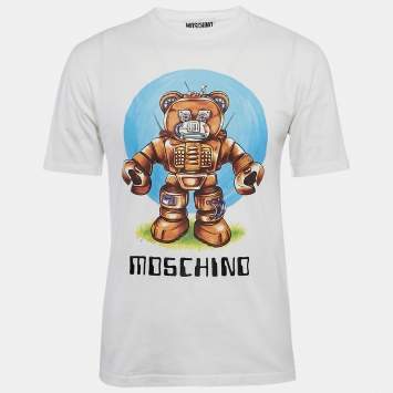Pre Owned Moschino Couture White Robot Teddy Print Cotton Crew Neck T-Shirt S