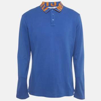 Pre Owned Moschino Couture Blue Cotton Pique Long Sleeve Polo T-Shirt XL