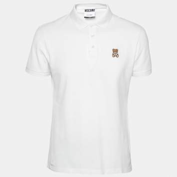 Pre Owned Moschino Couture White Cotton Pique Teddy Bear Embroidered Polo T-Shirt M