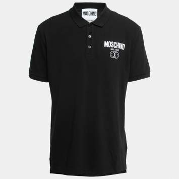Pre Owned Moschino Couture Black Cotton Pique Logo Printed Polo T-Shirt XL