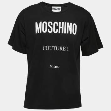 Pre Owned Moschino Couture Black Logo Print Cotton Crew Neck Half Sleeve T-Shirt M