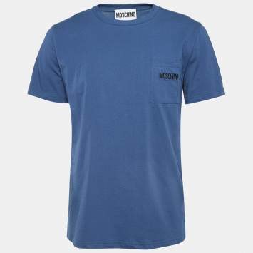 Pre Owned Moschino Couture Blue Logo Embroidered Cotton Knit Half Sleeve T-Shirt M