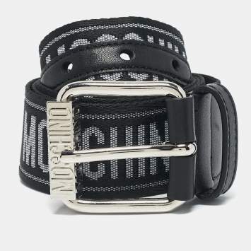Pre Owned Moschino Black/White Logo Jacquard Buckle Belt 107 CM
