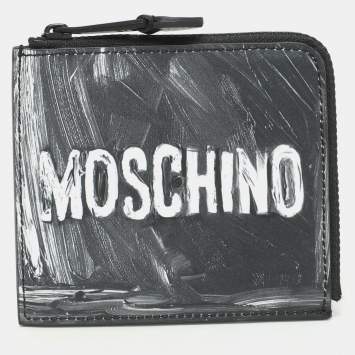 Moschino Grey Leather Logo Print Coin Purse