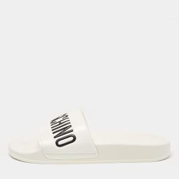 Pre Owned Moschino White Leather Logo Flat Sandals Size 42