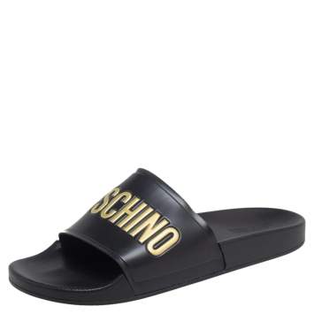Pre Owned  Moschino Black Rubber Logo Slide Sandals Size 45