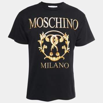 Pre Owned Moschino Black Logo Print Cotton Crew Neck Half Sleeve T-Shirt XS
