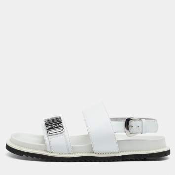Pre Owned Moschino White Leather Logo Plaque Flat Sandals Size 42
