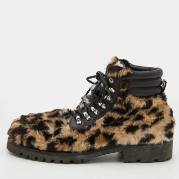 Pre Owned Moschino Tricolor Leopard Print Fur Ankle Length Boots Size 43