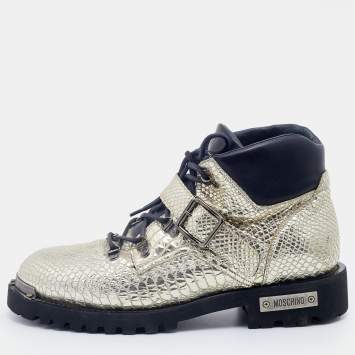 Pre Owned Moschino Metallic Gold Python Embossed Leather Ankle Length Boots Size 43