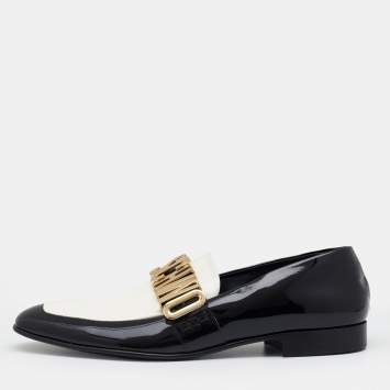 Pre Owned Moschino Black/White Patent Leather Logo Embellished Slip On Loafers Size 45