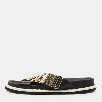 Pre Owned Moschino Black Leather Logo Crossover Slides Size 41