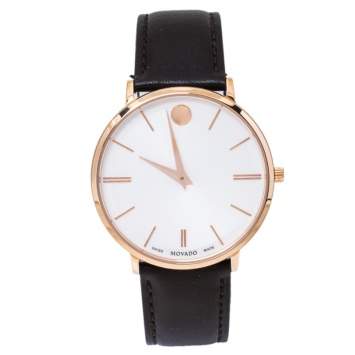 Pre Owned Movado White Rose Gold Tone Stainless Steel Leather Ultra Slim 0607089 Men's Wristwatch 40 mm