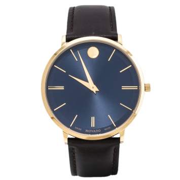 Pre Owned Movado Blue Gold Tone Stainless Steel Leather Ultra Slim 0607088 Men's Wristwatch 40 mm