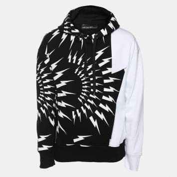 Pre Owned Neil Barrett Black/White Cotton Knit Lightning Bolt Print Hoodie S