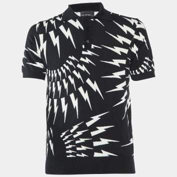 Pre Owned Neil Barrett Black Thunder Bolt Pattern Cotton Polo T-Shirt M