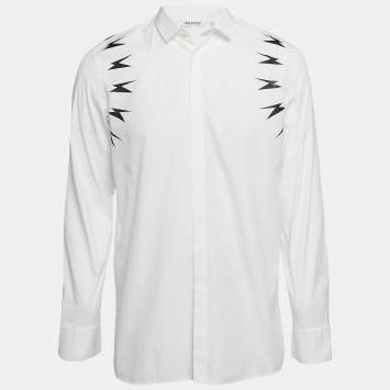 Pre Owned Neil Barrett White Lighting Bolt Print Cotton Slim Fit Shirt L