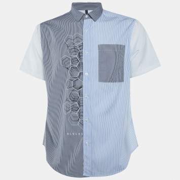 Black Barett by Neil Barrett White Striped Cotton Paneled Short Sleeve Shirt S