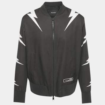 Pre Owned Neil Barrett Black Tiger Bolt Print Synthetic Bomber Jacket XL