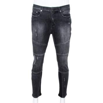 Pre Owned Neil Barrett Grey Ribbed Denim Regular Rise Skinny Fit Biker Jeans L