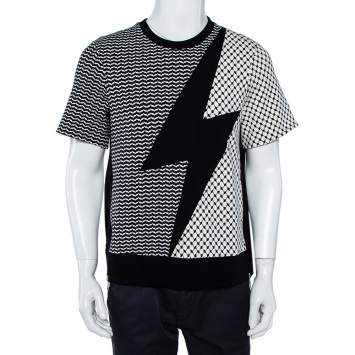 Pre Owned Neil Barrett Monochrome Kefiya Bolt Paneled Knit T-Shirt S