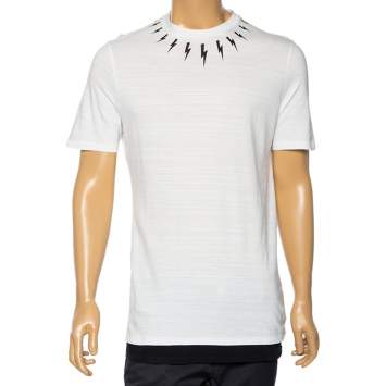 Pre Owned Neil Barrett White Lightening Bolt Printed Cotton Short Sleeve T-Shirt S