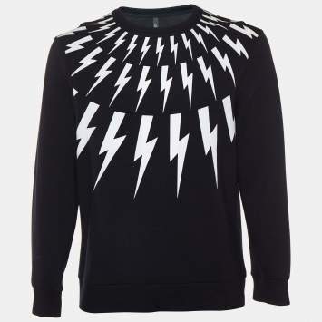 Pre Owned Neil Barrett Black Bolt Printed Knit Crewneck Sweatshirt M