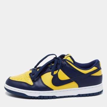 Pre Owned Nike Navy Blue/Yellow Leather Dunk Lace Up Retro Sneakers  Size 47