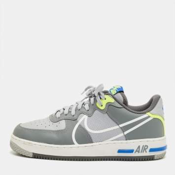 Pre Owned Nike Grey Leather and Canvas Air Force 1 React Wolf Grey Sneakers Size 44.5