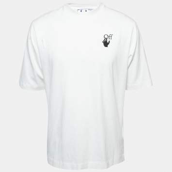 Pre Owned Off-White White Hands Off Logo Print Cotton Crew Neck T-Shirt M