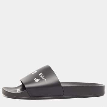 Pre Owned Off-White Black Rubber Logo Pool Slides Size 41