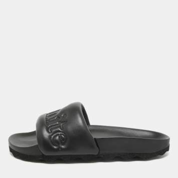 Pre Owned Off-White Black Leather Sponge Logo Embroidered Bookish Slides Size 41