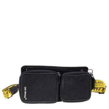 Pre Owned Off-White Black/Yellow Logo Print Canvas Cordura Belt Bag
