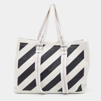 Pre Owned Off-White Off White/Black  Stripe Canvas Diag Tote