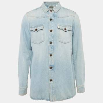 Pre Owned Off-White Blue Back Print Washed Denim Button Front Shirt M