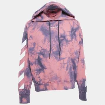 Pre Owned Off-White Pink/Blue Logo Print Tie-Dye Cotton Hoodie L