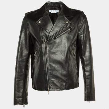 Pre Owned Off-White Black Diagonal Tab Print Leather Biker Jacket L