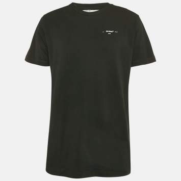 Pre Owned Off-White Black Cotton Logo Applique Detail Crew Neck T-Shirt L