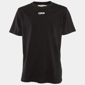 Pre Owned Off-White Black Airport Tape Arrow Print Cotton Crew Neck T-Shirt L