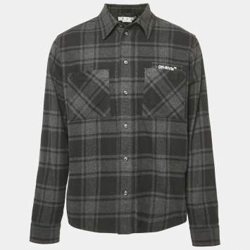 Off-White Black Tartan Cotton Logo Embroidered Shirt M